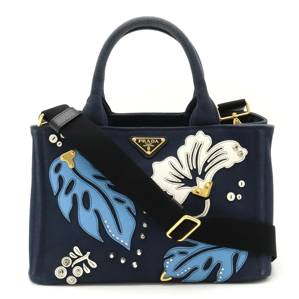 Prada Canapa Hawaii Tote Bag Shoulder Hibiscus Canvas Navy Blue